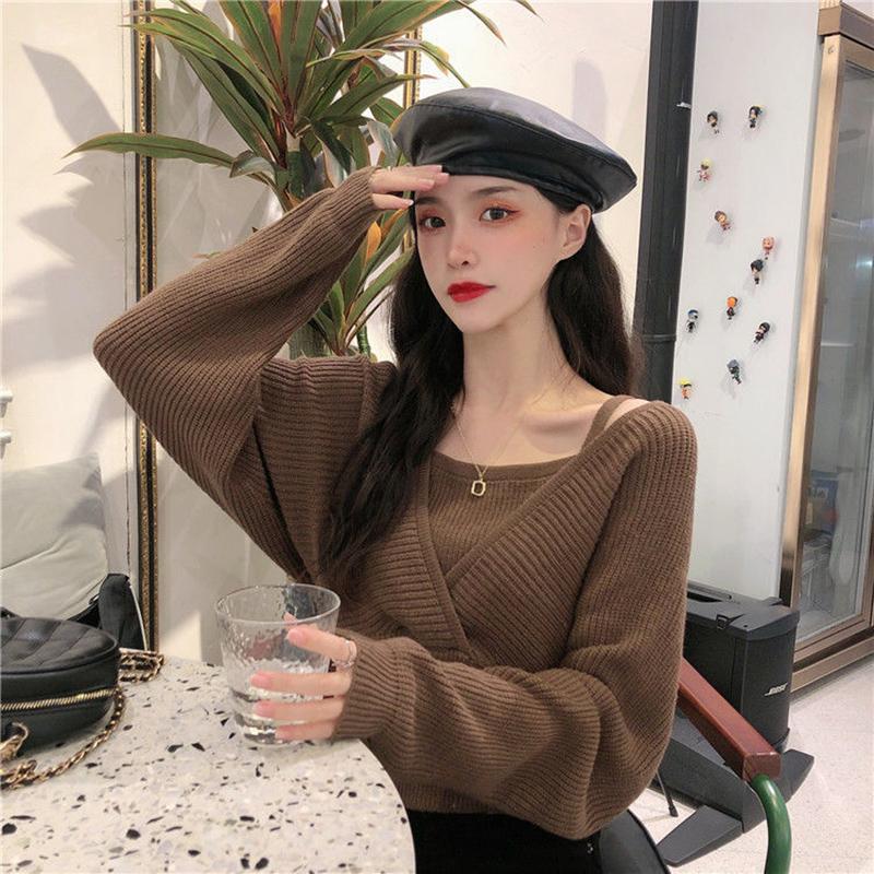 Design Sense French Niche Waist Sleeves Are Thin, Fake Two-piece Clavicle Strapless Large Size Long-sleeved Sweater Women's Blouse