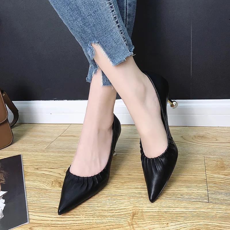 High Heels Women European Stiletto Mid-heel Pointed Toe Fashion High Heels Working Leather Shoes Women