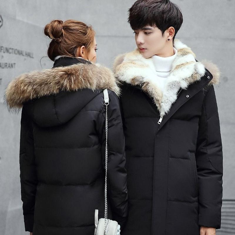 Fashion Big Fur Collar Couple Wear Down Jacket  Mid-length Plus Velvet Thickening Slim Plus Size Winter Jacket