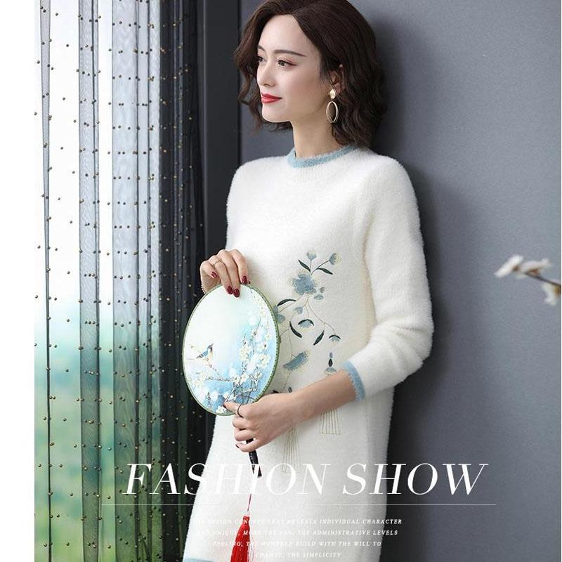 Mid-length Imitation Mink Wool Sweater Dress Women Autumn and Winter Thick Skirt Embroidered Knitted Sweater Fuzzy Dress