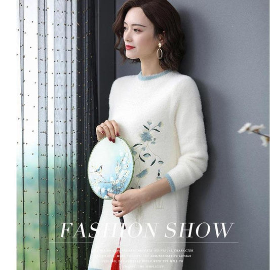 Mid-length Imitation Mink Wool Sweater Dress Women Autumn and Winter Thick Skirt Embroidered Knitted Sweater Fuzzy Dress