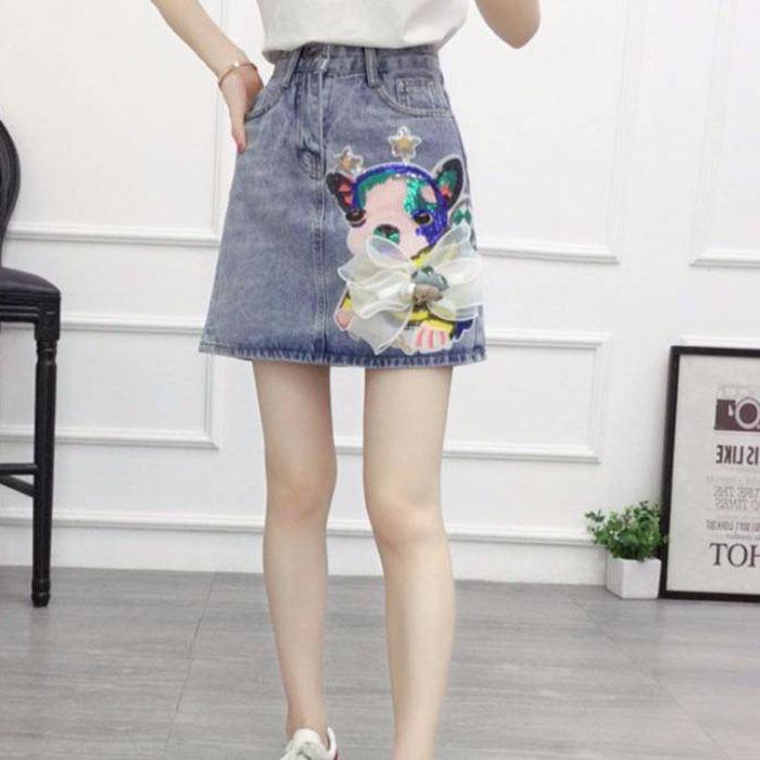 Pofulove S-5XL Women Irregular Cartoon Denim Skirt High Waist Slim Sexy A-line Package Hip Skirt