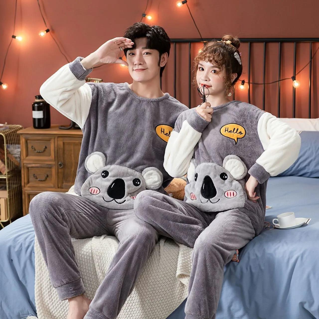 Cartoon Couple Pajamas Suit Tops and Pants Men Home Clothes Ladies Winter Cashmere Warm Homewear