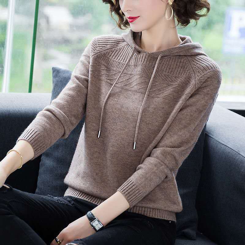 Autumn and Winter Loose Hooded Sweater Knitted Casual Solid Color Sweater Fashion Simple Female Sweater