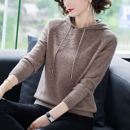 Autumn and Winter Loose Hooded Sweater Knitted Casual Solid Color Sweater Fashion Simple Female Sweater