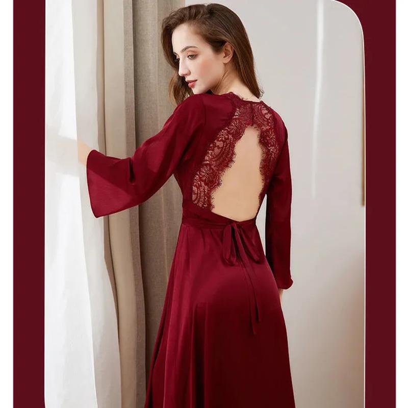 Women's Lace Long Nightdress Wedding Dressing Robe Drape Satin Solid Color Beauty Back Hollow Out Sexy Nightgown French Wedding Pajamas
