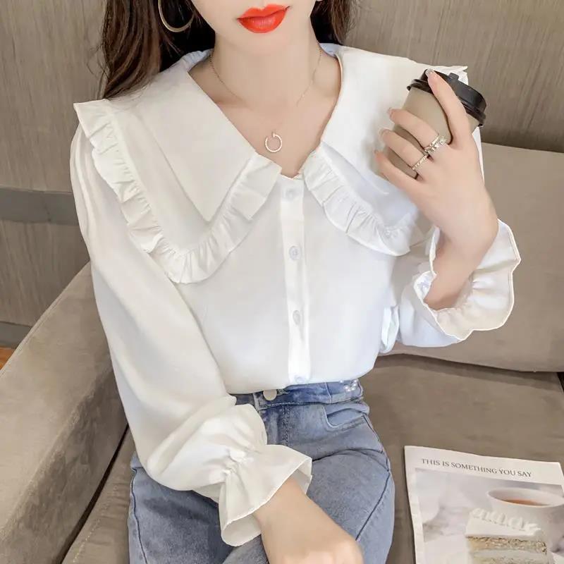 Women's Spring and Autumn Long Sleeve Shirts Large Size Loose Solid Color Doll Collar Tops