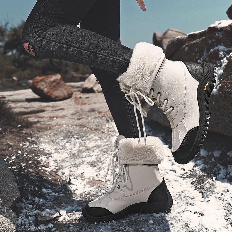 Winter Boots Women Mid Calf Snow Boots Black White Leather Boots Platform Shoes Fashion Plus Size Boots 36-42