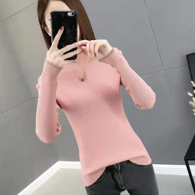 Autumn and Winter Korean Warm Knit Sweater Slim Long-sleeved Solid Color Blouse Round Neck Non-ball Sweater