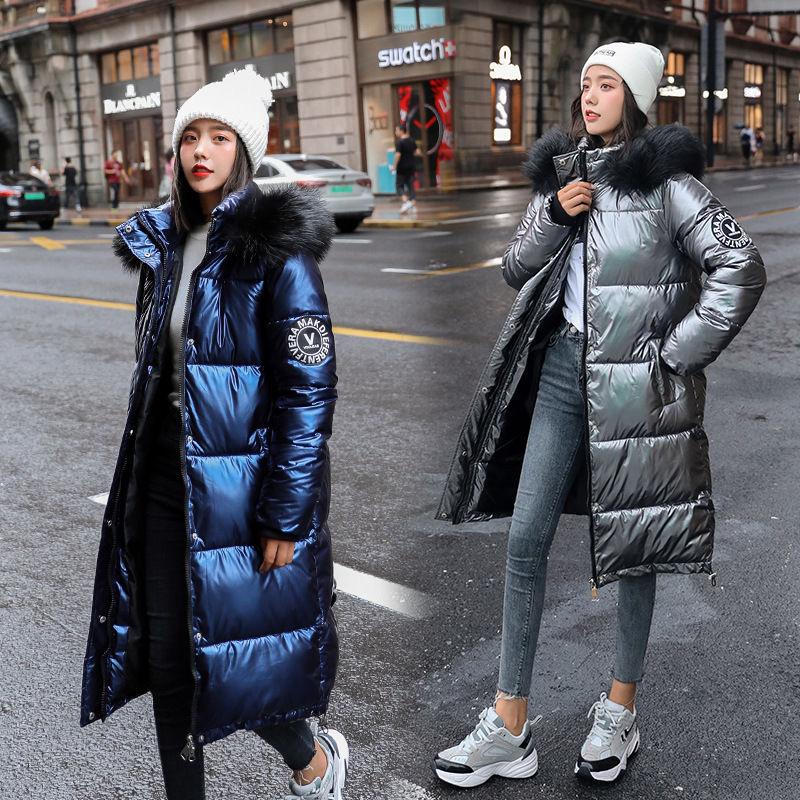 Women Long Oversize Blue Down Jackets Warm Thick Casual Loose Winter Jacket Fur Collar Hooded Coats Female Down Coats Solid Glossy Outwear