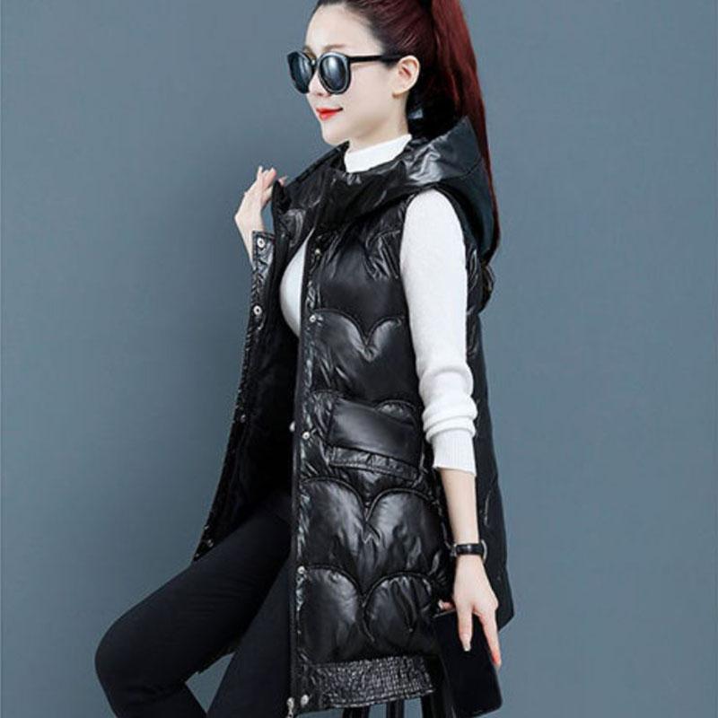 Winter Ladies Hooded Down Vest Jacket Fashion Glossy Down Cotton Sleeveless Jacket Thicken Warm Winter Vest