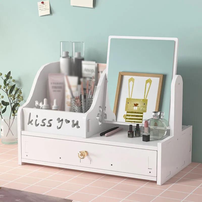 WomenVanity Mirror with Storage  Integrated Desktop Removable Makeup Mirror Bedroom Dormitory