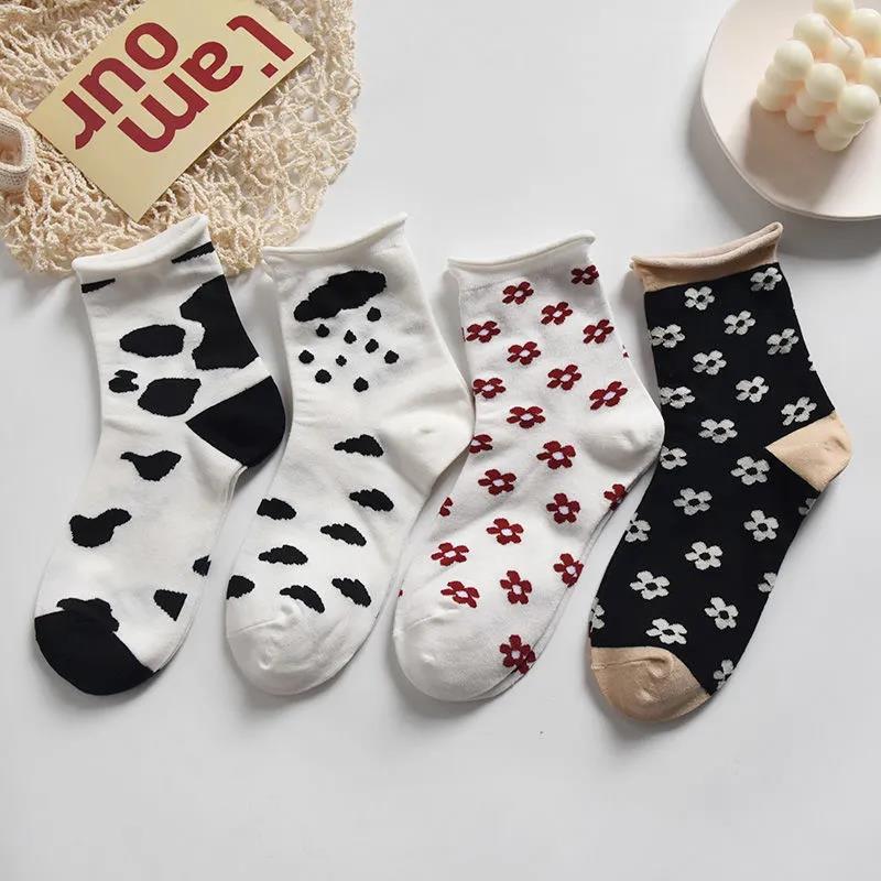 Four Pairs of Women's White Curled Tube Socks Cartoon Embroidery Pile Socks