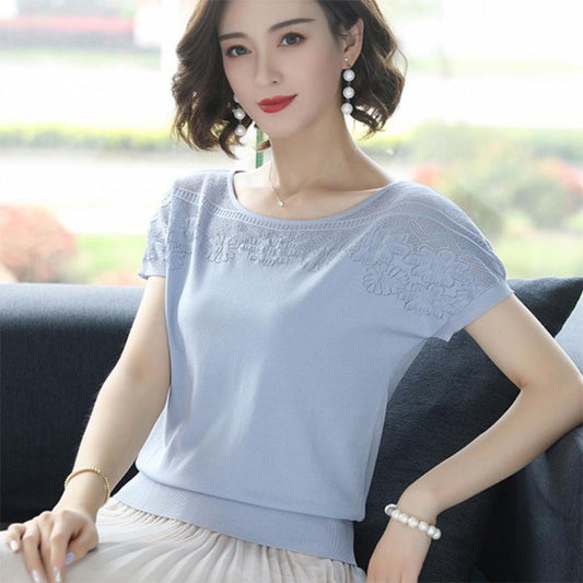 Ice Silk Sweater T-shirt Short-sleeved Women's Loose Summer Cool Set T-shirt Short Top Thin Ladies Hollow