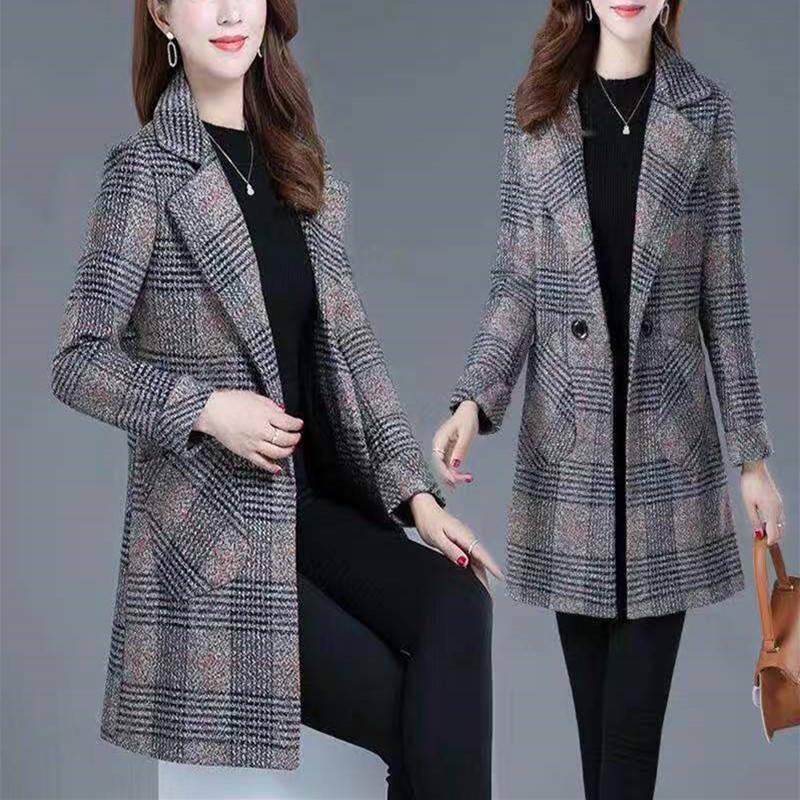 Women Outerwear Winter Clothing Fashion Warm Woolen Blends Female Plaid Double Breasted Woolen Coat