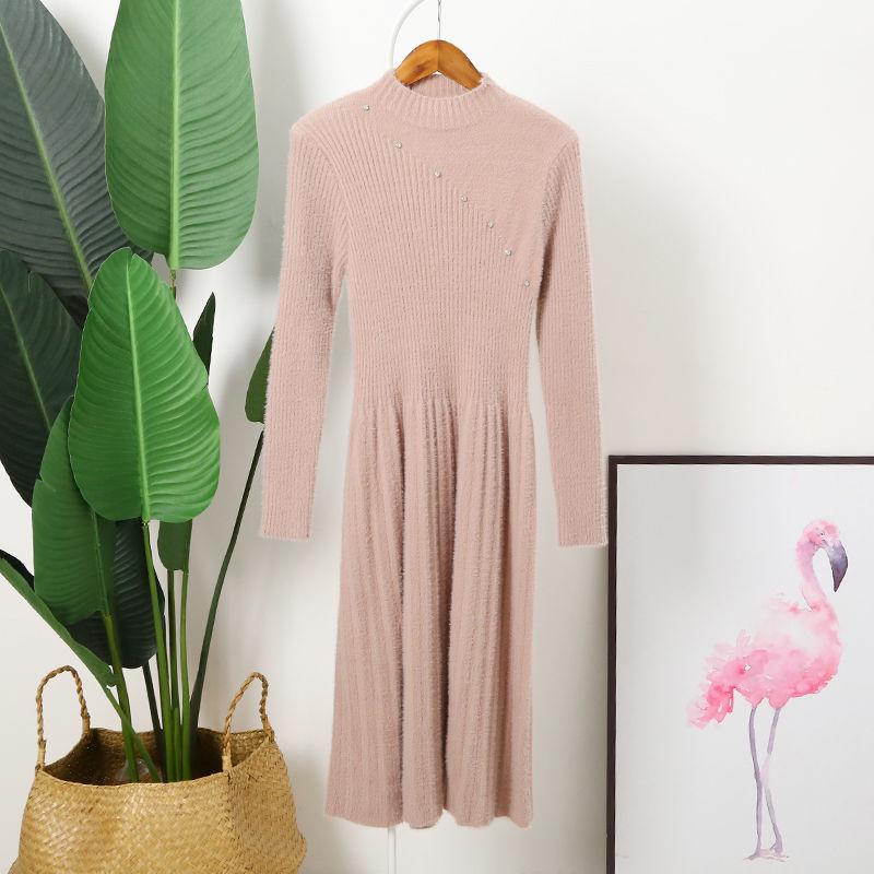 Pofulove Women's Mid-length Wild Fashion Slim Bottoming Shirt Women Mink-like Beaded Knitted Dress