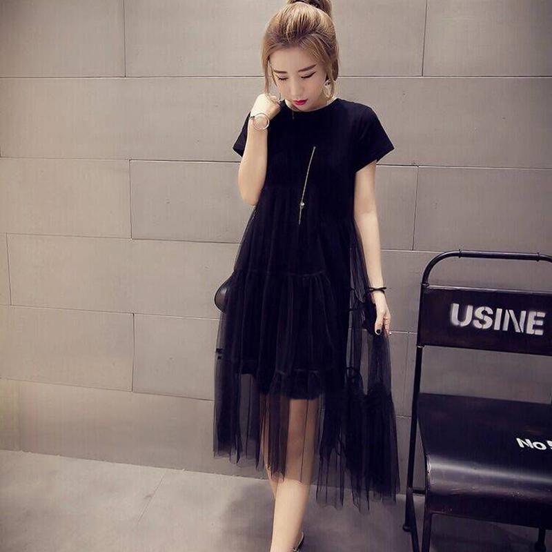 Mid-length Belly Mesh Stitching Dress Summer Dress Plus Size Fat Sister Loose and Thin T-shirt Skirt