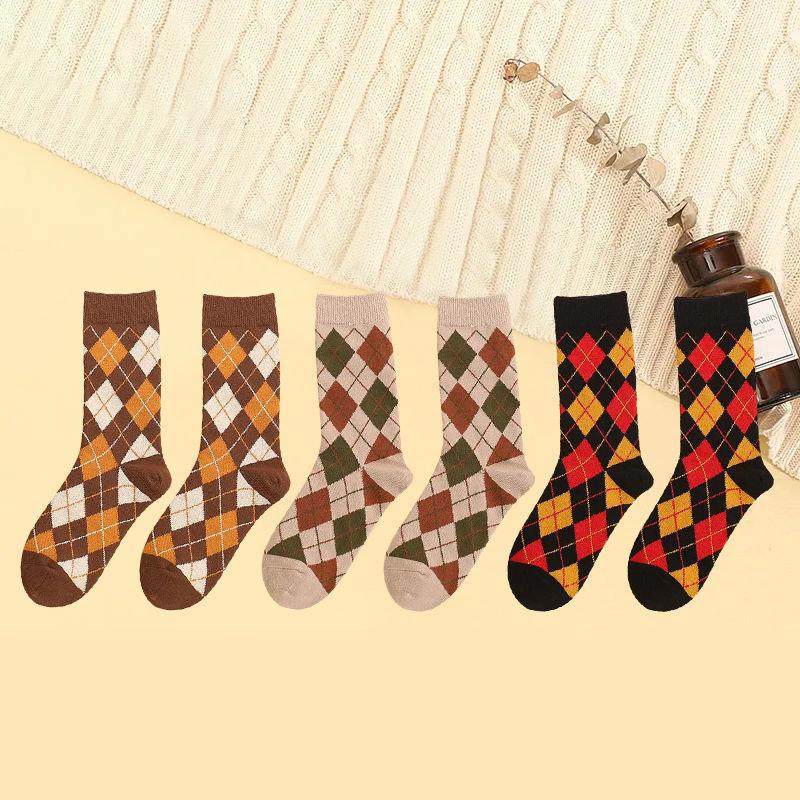 Six Pairs of Women's Socks Korean Fashion Plaid High Socks Autumn and Winter Retro Wild Pile Socks