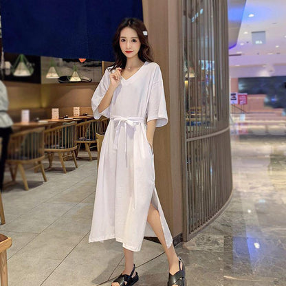 WTEMPO Plus Size Ladies Dress with Belt Summer 1/2 Sleeve V-neck Solid Color Side Split  Long Dress Casual Mid-calf Length