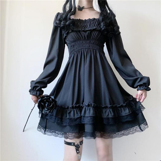 Gothic Women Black Party Dress Cross Square Collar Lolita Princess Irregular Dress Cute Lace Ruffles Chic Dress