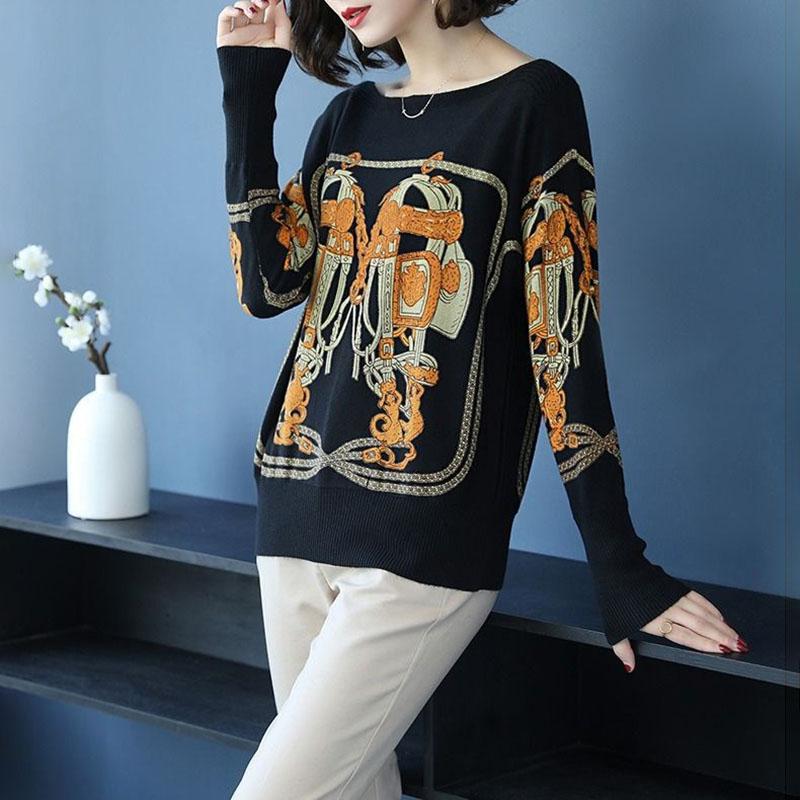 Women's Boat Neck Cashmere Sweater Short Loose Pullover Plus Size Printed Cardigan Ethnic Style Wool Knit Jumper