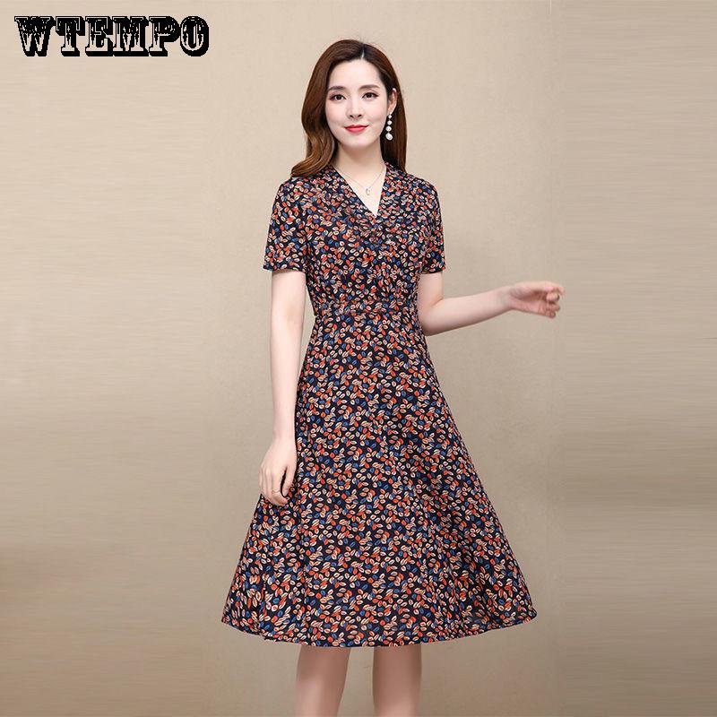 WTEMPO Over The Knee  Big Skirt with Floral Long Skirt Female Short-sleeved Dress Summer Large Size