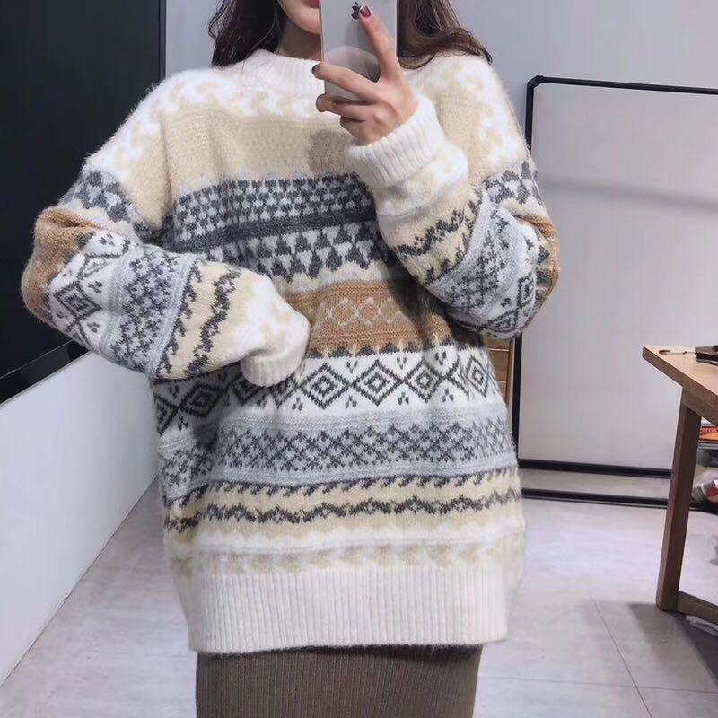 Pullovers Women Vintage Loose Casual Sweaters Geometric Retro Lazy Female Harajuku Korean Style Womens Ulzzang Chic Tops