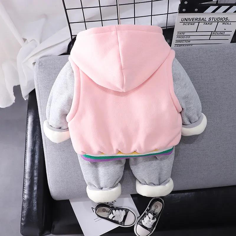 Girls' Fall Winter Three-piece Suit with Velvet and Thickening Baby and Children Sweater Baby Girl Printing Rainbow Style Winter Cotton Dress