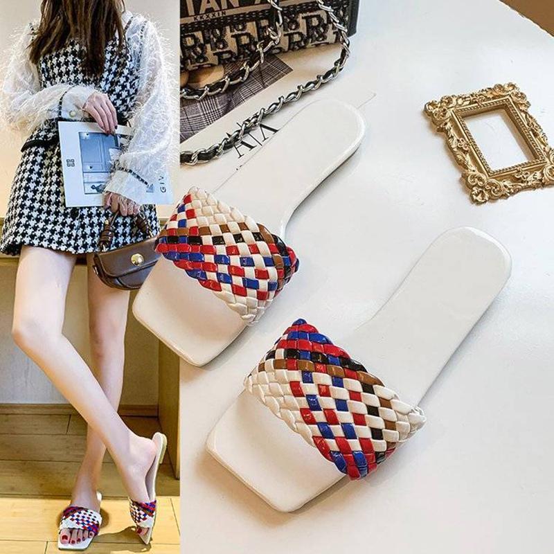 Color-blocking Woven Sandals  Slippers Women's All-match Outer Wear Summer Square-toe Flat-bottomed Slippers