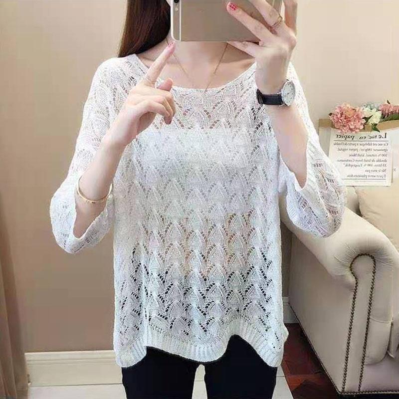 Women's Thin Hollow Knitted Sweater Three-quarter Sleeve Bottoming Shirt Loose Pullover Hollow Short-sleeved Sunscreen Top