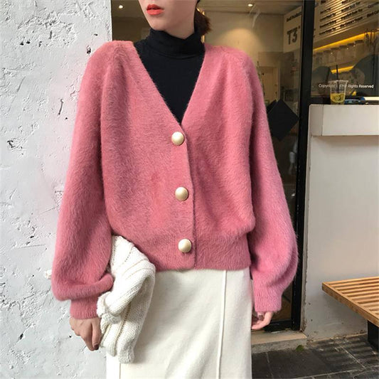 6 Colors Women Faux Mink Cashmere Lazy Loose Sweater Knitted V-neck Cardigan Button Coat