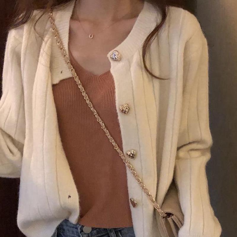 Sweet Love Buttons Show White and Red Short Casual Women's Sweater Cardigan Slim Loose Striped Round Neck Sweater