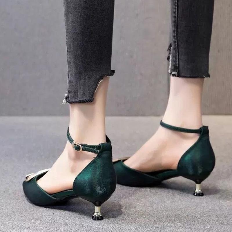 3cm Low Heel Single Shoes Women Stiletto Heel Shoes Temperament Green High Heels Women Pointed Hollow Shoes Women
