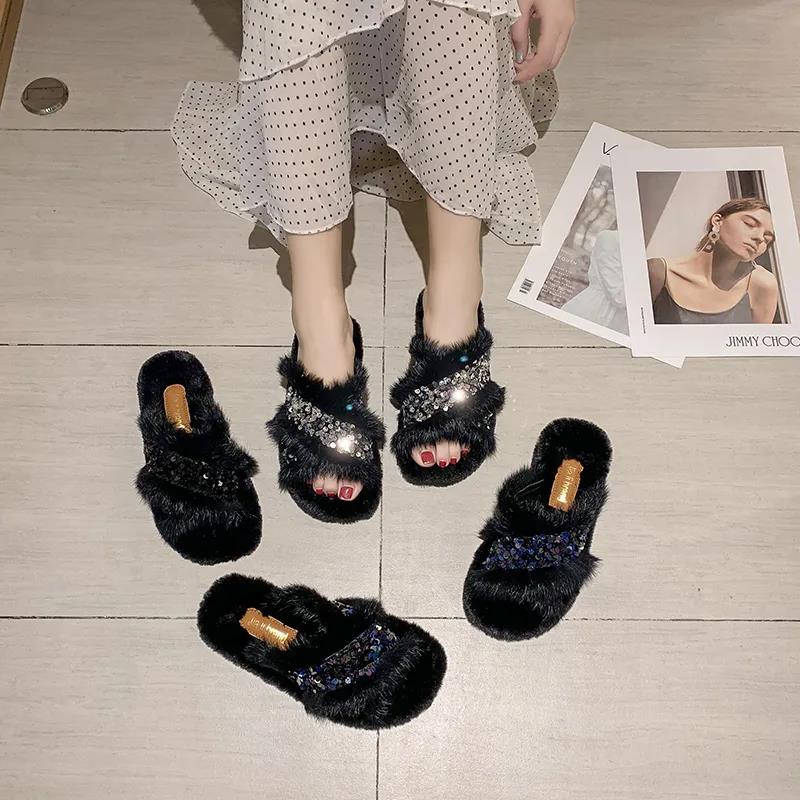 Ladies Cotton Slippers Shiny Flat Shoes Autumn and Winter Warmth Fluffy Casual Fashion