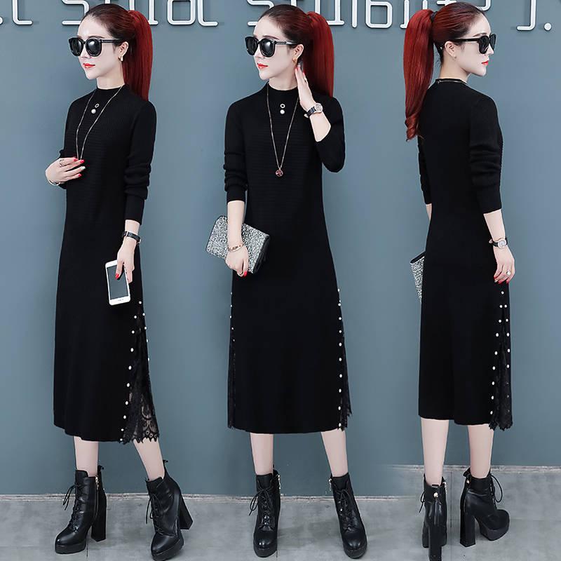 Sweater Dress Female Long-sleeved Autumn Winter Thickened Over Knee Knitted Skirt Black Long Skirt
