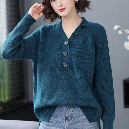 Spring and Autumn V-neck Loose Top Solid Color Plus Size Sweater Simple Casual Women Bottoming Shirt