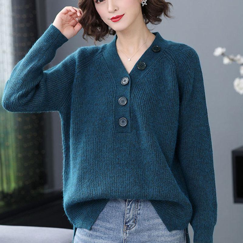 Spring and Autumn V-neck Loose Top Solid Color Plus Size Sweater Simple Casual Women Bottoming Shirt
