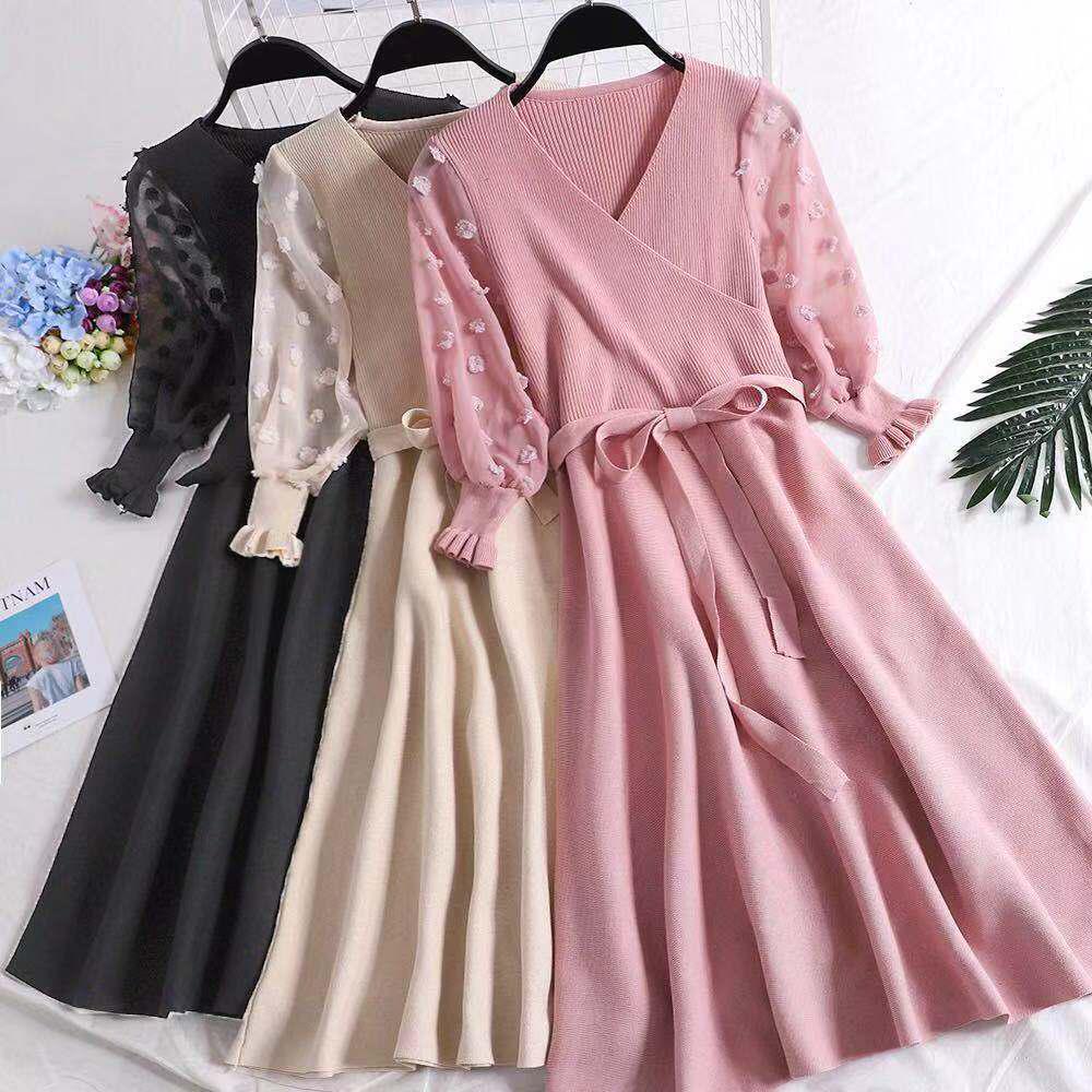 Pofulove 4 Colors Women Winter Sweater Dress Long V-neck Flower Chiffon Cuffs Knitted Pullover Skirt