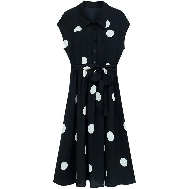 Women's Summer Dress Temperament Waist Was Thin Polka Dot Sleeveless Long Skirt Shirt-style Long Ladies Dress A-line Version Sleeveless Dress