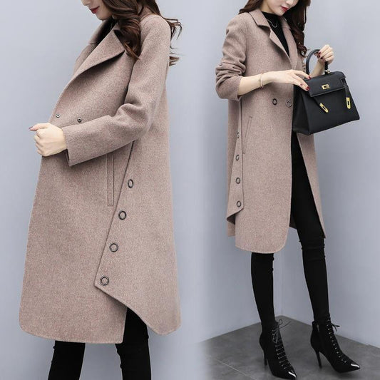Womens Winter Turn-down Collar Lapel Wool Cashmere Coat Trench Jacket Long Parka Overcoat Outwear