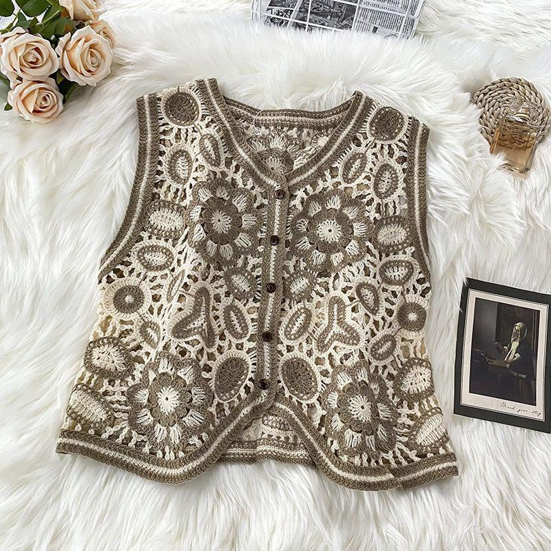 Embroidery Hollow Design Retro Style V-neck Sleeveless Waistcoat  Women's Spring and Summer