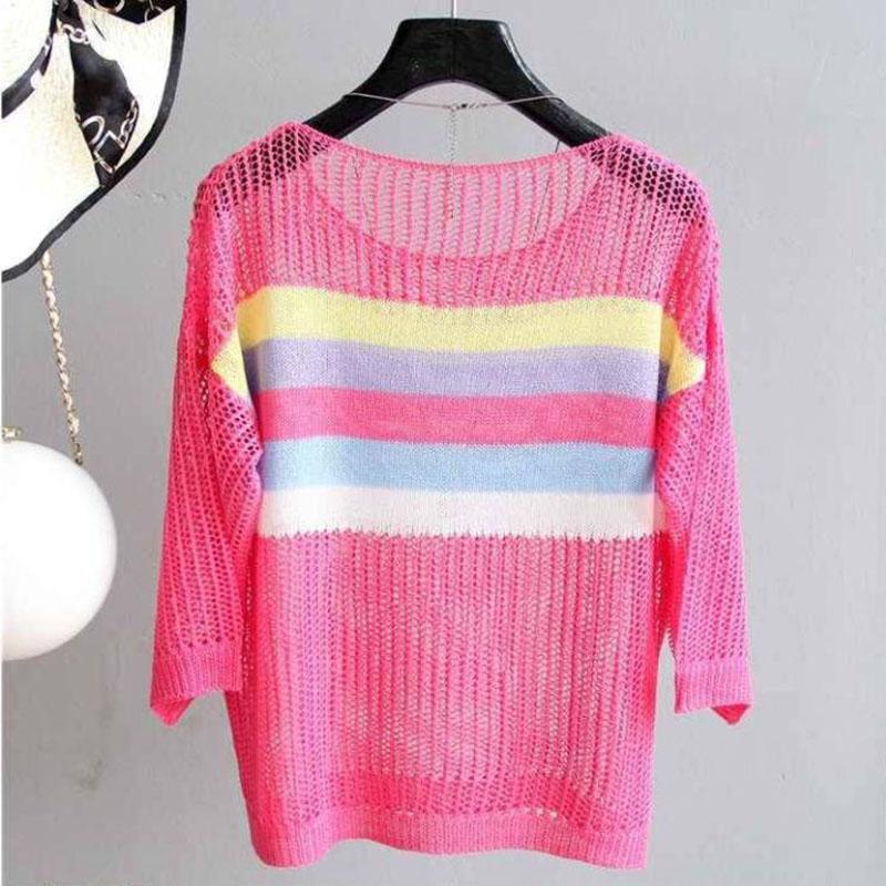 Cutout Knit Sun Blouse Loose Thin Top Women's Contrast Stripe Cutout Hollow Knit Sweater Women's Sexy See-through Dress