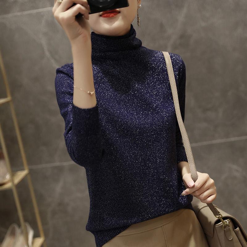 Women Solid Shiny Lurex Sweaters Autumn Winter ladies Long Sleeve Pullover Tops Heaps Collar knit Sweater