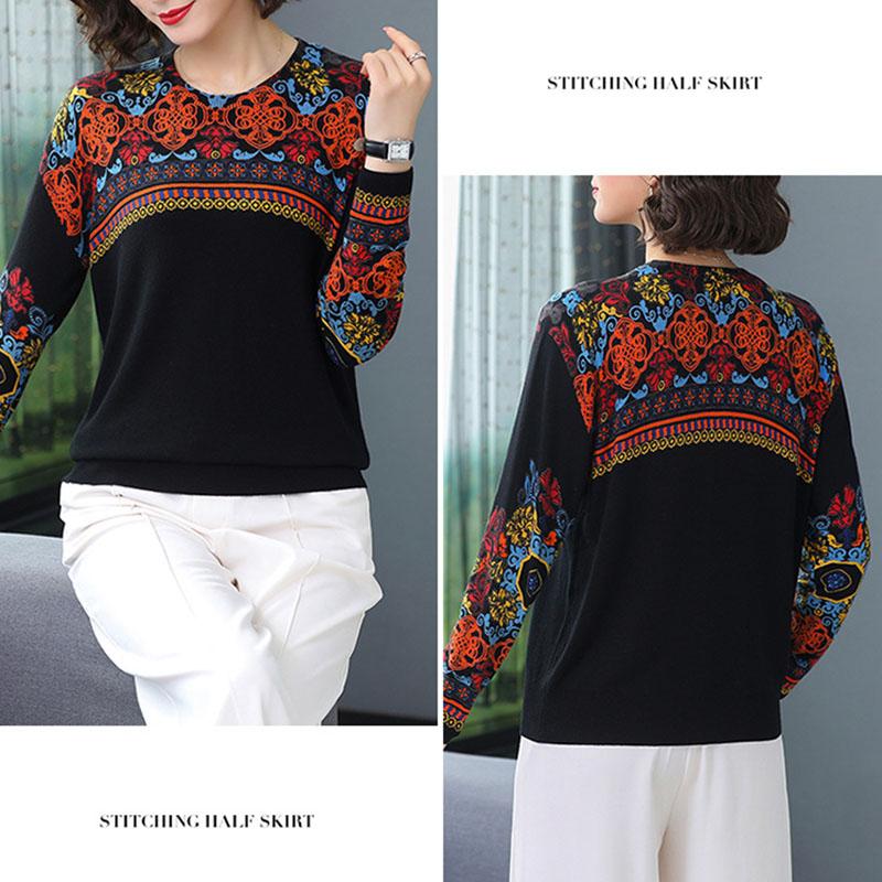 Plus Size Printed Sweater Women Autumn Winter Loose O-neck Long Sleeve Pullover Ladies Knit Jumper Top Warm Woolen Sweater