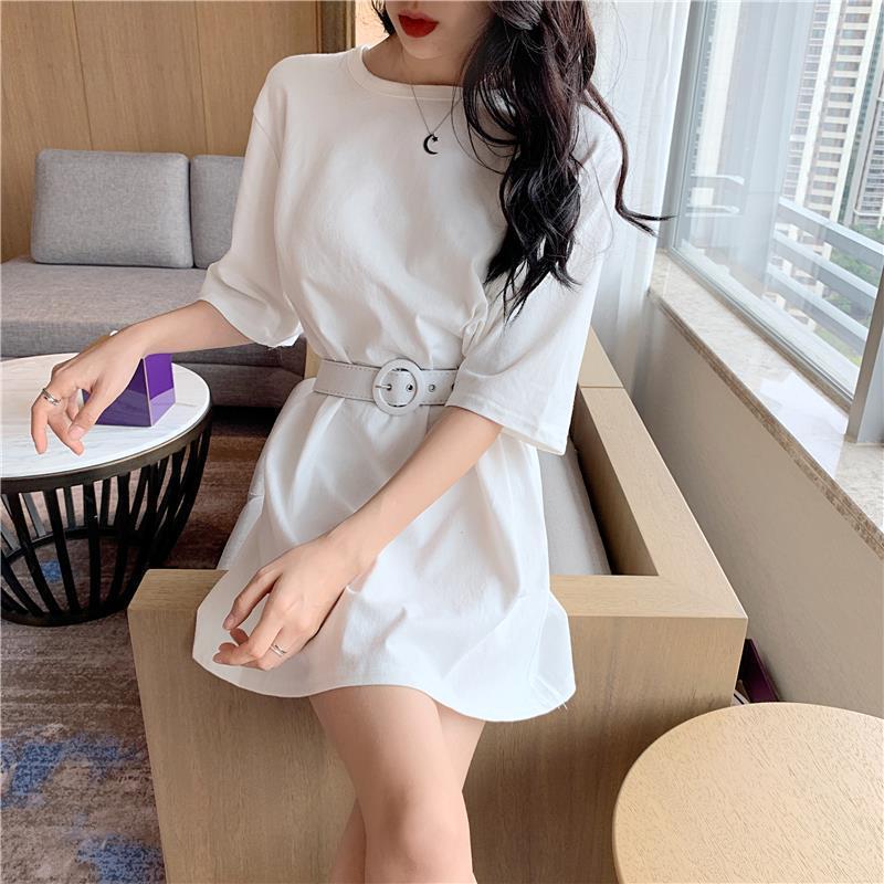 Send A Belt T-shirt Female Mid-length Short-sleeved Loose All-match T-shirt Dress Solid Color Students