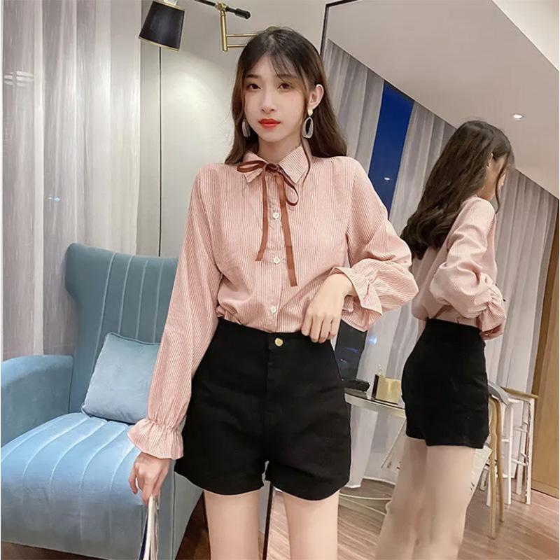 Slim Striped Ladies Shirt Bow Tie Long Sleeve Bottoming Cardigan