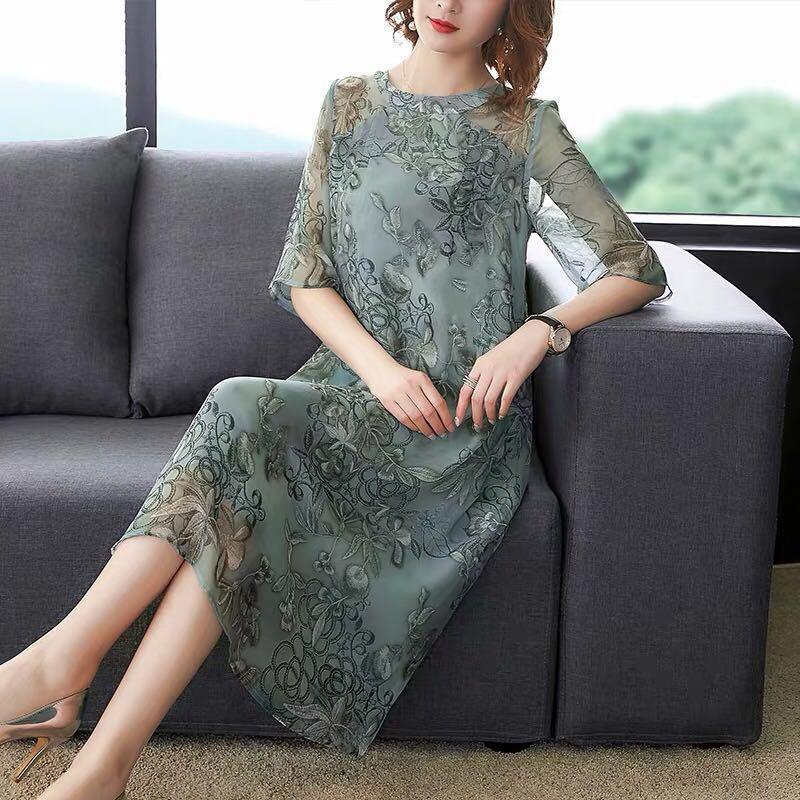 Women's Mid-length Dress Clothing Large Size Loose Chiffon Round Neck Short Sleeve Printing
