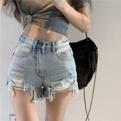 WTEMPO Summer High Waist Hole Denim Shorts Women's Split Irregular Irregular Thin Loose Wide Leg A-pants