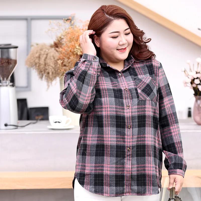 Large Size 150kg Wearable Pink Plaid Shirt Women Loose Brushed Shirt Casual Lapel Long Sleeve blouses