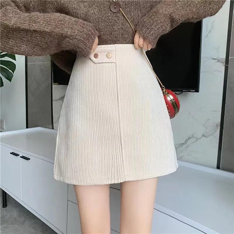 Corduroy Plus Velvet Thickening Autumn and Winter High Waist Skirt Female Apricot All-match Thin Skirt Trend